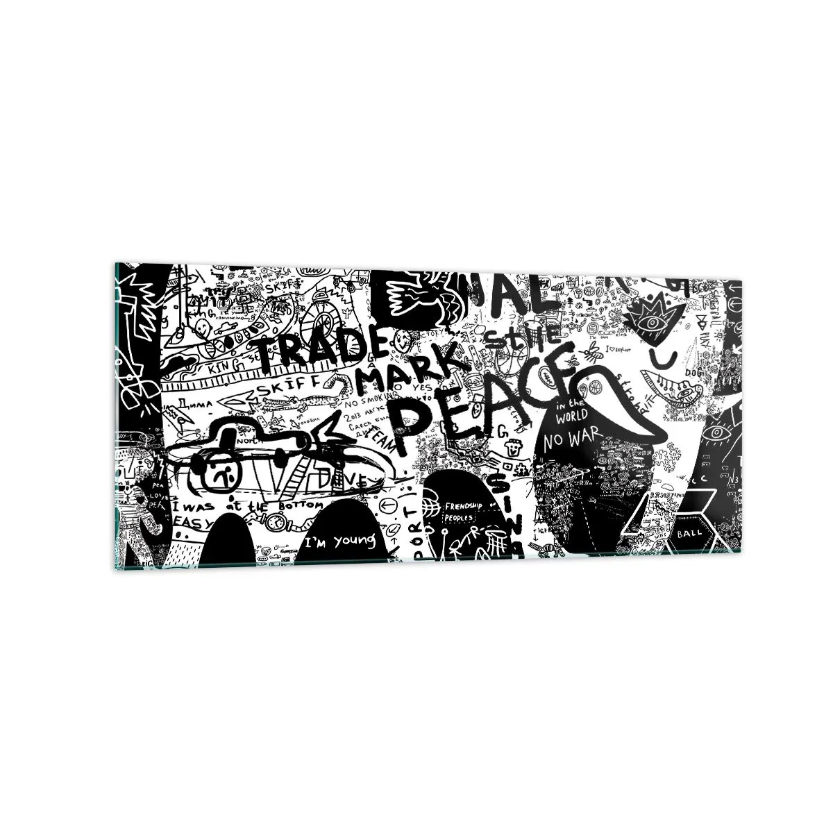 Glasbild - Bild auf glas - Schwarz-Weiß-Grafiken mit Graffiti-Motiven - 120x50cm - Reiche Straßenwelt - Moderne Wanddekoration für Wohnzimmer und Schlafzimmer ARTTOR