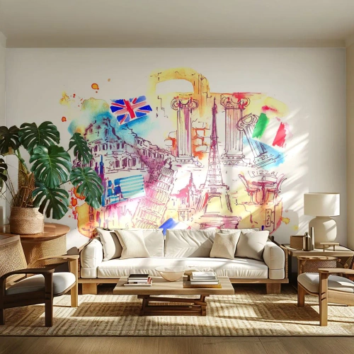 Fototapete Premium Sand - Europäische Symbole in einer Aquarellkomposition - 100x70cm - Europa Tour - Moderne Wanddekoration für Wohnzimmer und Schlafzimmer ARTTOR