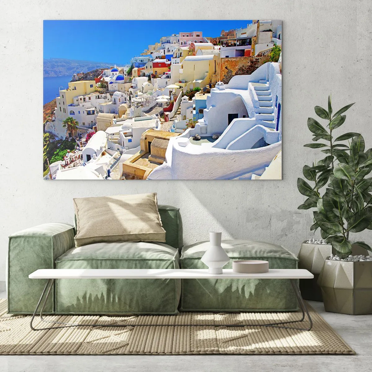 Glasbild - Bild auf glas - Santorini mit weißen Häusern vor blauem Himmel - 120x80cm - Der Traum vom griechischen Sommer - Moderne Wanddekoration für Wohnzimmer und Schlafzimmer ARTTOR