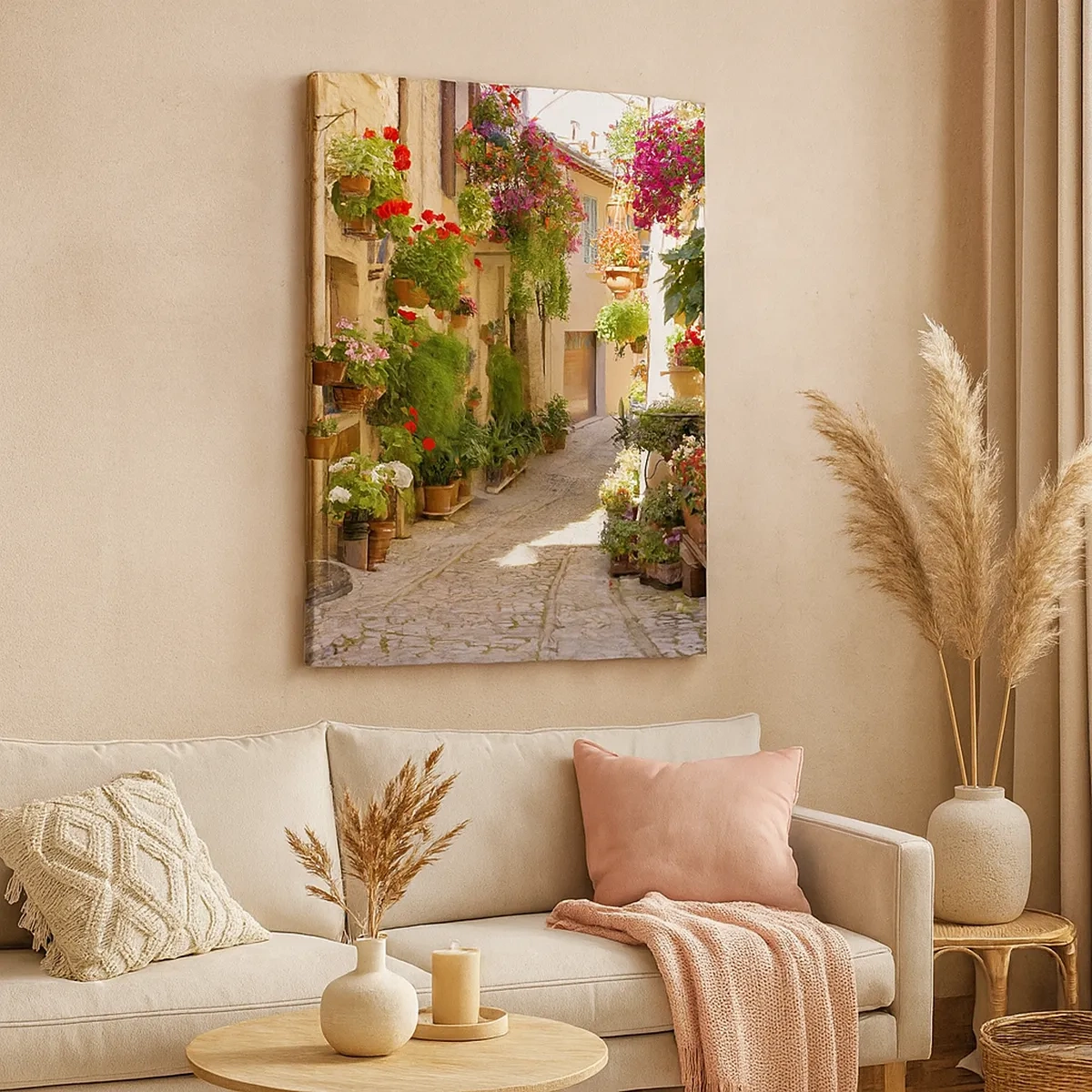 Bild auf Leinwand - Leinwandbild - Eine Straße mit Topfblumen und Steinmauern - 50x70cm - In der Flut Blumen - Moderne Wanddekoration für Wohnzimmer und Schlafzimmer ARTTOR