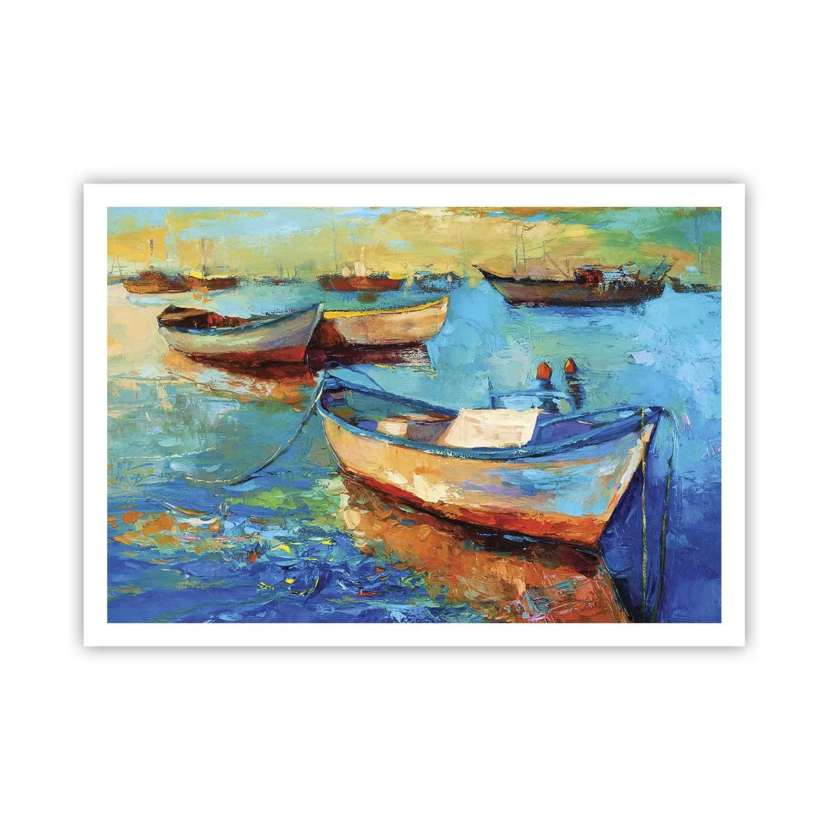 Poster - Bunte Boote vertäut auf ruhigem Wasser - 100x70cm - In der südlichen Bucht - Moderne Wanddekoration für Wohnzimmer und Schlafzimmer ARTTOR
