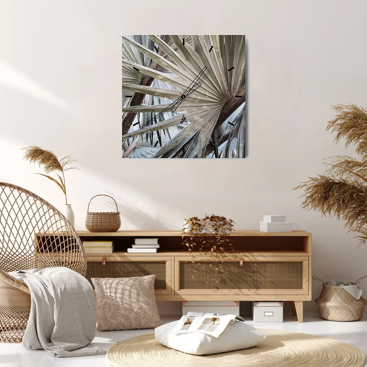 Wanduhr - Glasuhr - Nahaufnahme von Palmblättern in natürlichen Grüntönen - 30x30cm - Fans in den Tropen - Moderne Wanddekoration für Wohnzimmer und Schlafzimmer ARTTOR