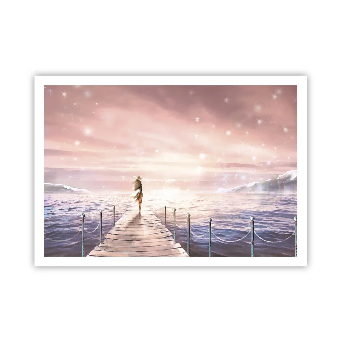 Poster - Eine Frau auf einem Steg in einer magischen Sonnenuntergangskulisse - 100x70cm - Im Licht eines Traums - Moderne Wanddekoration für Wohnzimmer und Schlafzimmer ARTTOR
