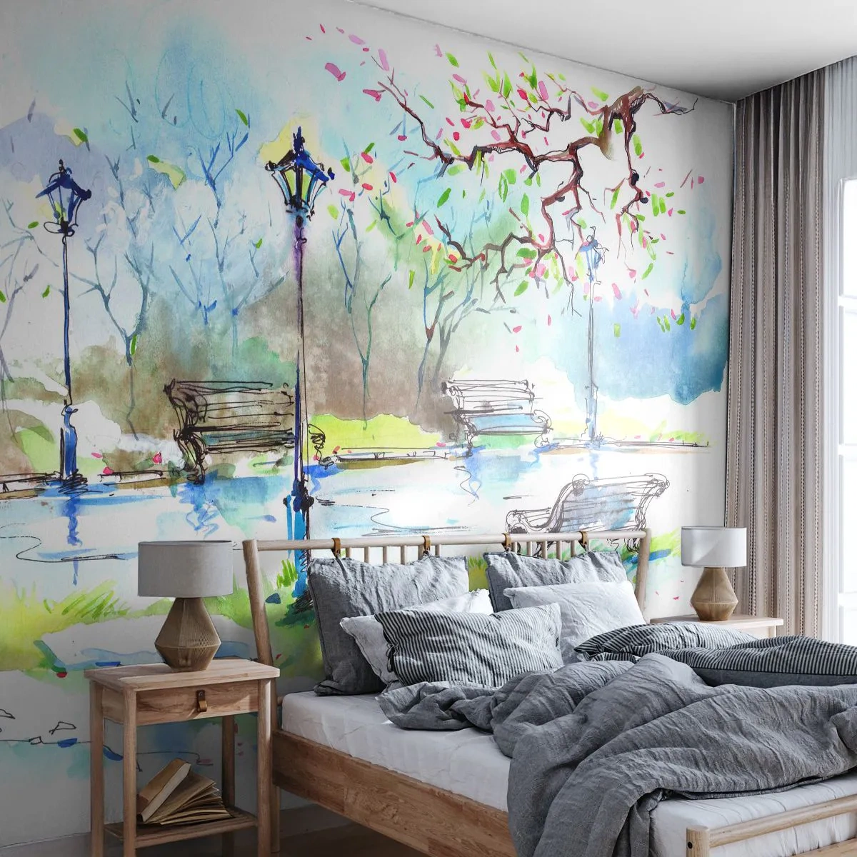 Fototapete Premium Canvas - Aquarell-Parkszene mit Bänken und Lampen - 100x70cm - Der Zauber der Stille des Parks - Moderne Wanddekoration für Wohnzimmer und Schlafzimmer ARTTOR