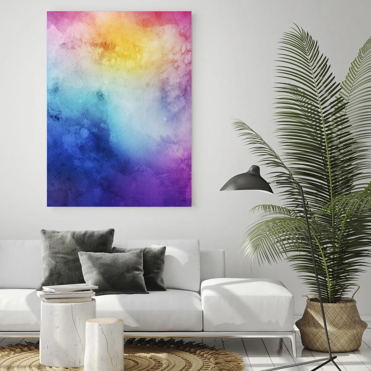 Glasbild - Bild auf glas - Abstrakte Komposition in Regenbogenfarben mit Aquarelleffekt - 50x70cm - Fast auf Wolke sieben - Moderne Wanddekoration für Wohnzimmer und Schlafzimmer ARTTOR