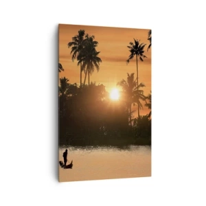 Bild auf Leinwand - Leinwandbild - Sonnenuntergang über Palmen und einem ruhigen See mit einem Boot - 80x120cm - Zeit zum Entspannen - Moderne Wanddekoration für Wohnzimmer und Schlafzimmer ARTTOR
