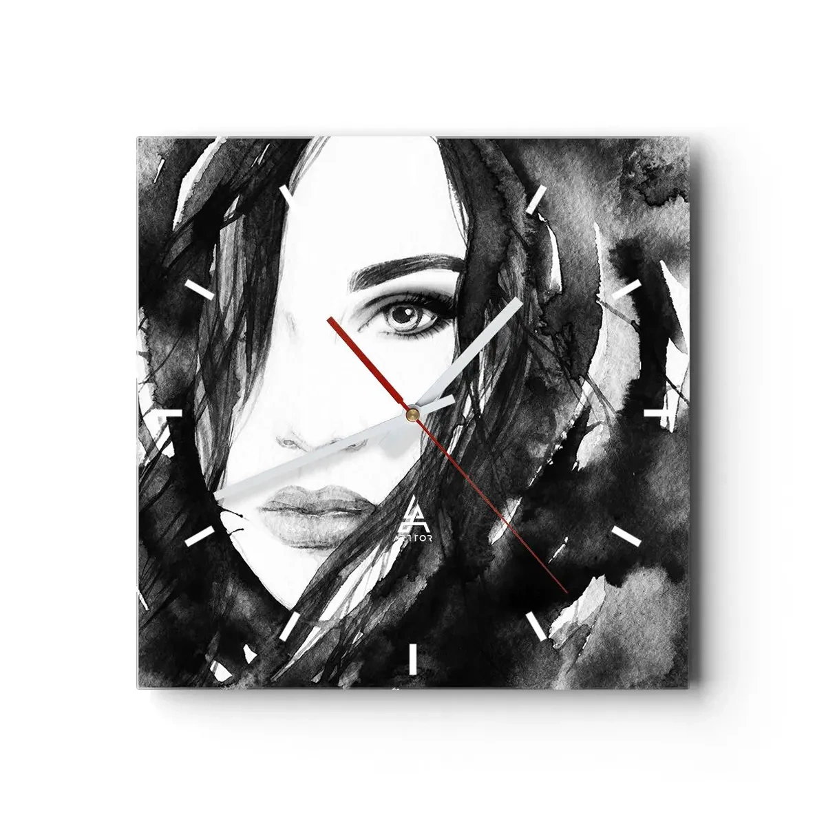 Wanduhr - Glasuhr - Porträt einer Frau in Schwarz-Weiß-Aquarell - 30x30cm - Porträt einer Dame in Schwarzweiß - Moderne Wanddekoration für Wohnzimmer und Schlafzimmer ARTTOR