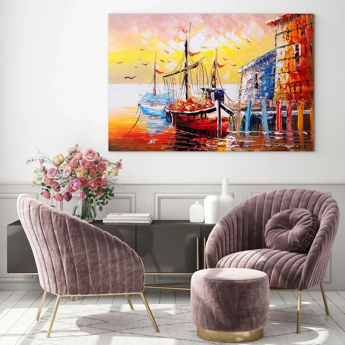 Glasbild - Bild auf glas - Bunte Segelboote bei Sonnenuntergang - 100x70cm - Glückliche Rückkehr - Moderne Wanddekoration für Wohnzimmer und Schlafzimmer ARTTOR