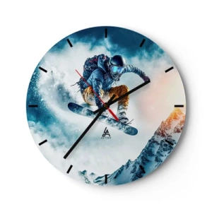 Wanduhr - Glasuhr - Ein Snowboarder im Flug vor der Kulisse von Bergen und einem Schneesturm - 30x30cm - Extreme Emotionen - Moderne Wanddekoration für Wohnzimmer, Küche und Schlafzimmer ARTTOR