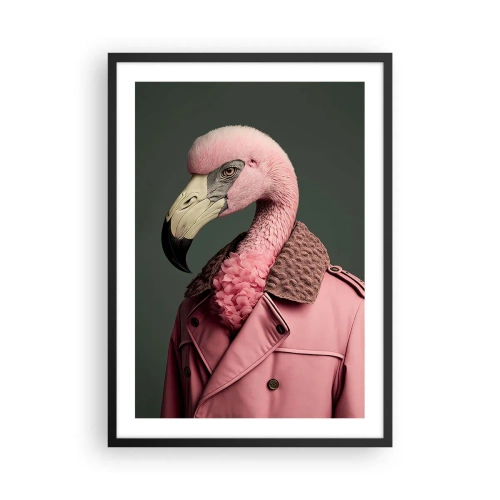 Poster in einem schwarzem Rahmen - Ein stylischer Flamingo im eleganten Mantel - 50x70cm - Echte Eleganz - Moderne Wanddekoration für Wohnzimmer und Schlafzimmer ARTTOR