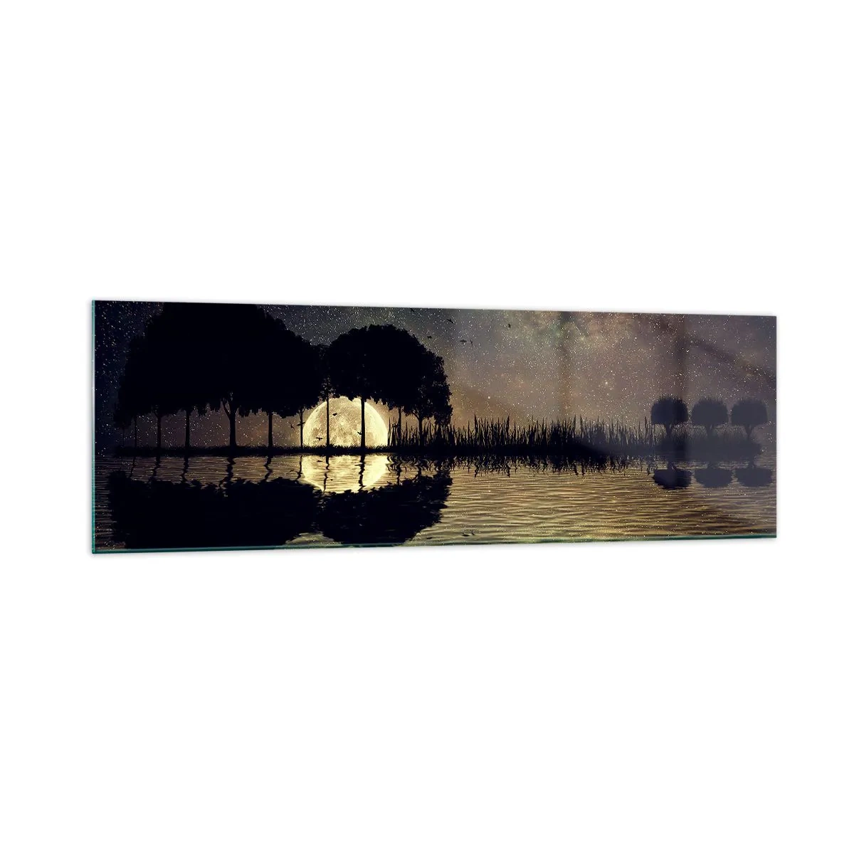 Glasbild - Bild auf glas - Eine magische Nacht mit Bäumen und dem Mond, der sich im Wasser spiegelt - 160x50cm - Nacht am Ende der Welt - Moderne Wanddekoration für Wohnzimmer und Schlafzimmer ARTTOR