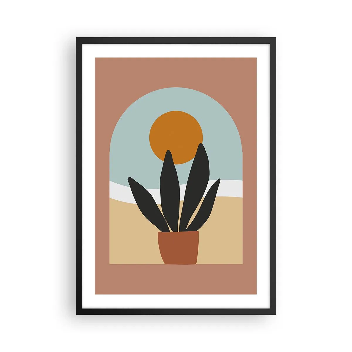 Poster in einem schwarzem Rahmen - Eine Topfpflanze vor einem Bogen mit einem Sonnenuntergang im Hintergrund - 50x70cm - Kleine Freuden - Moderne Wanddekoration für Wohnzimmer und Schlafzimmer ARTTOR