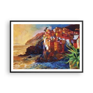 Poster in einem schwarzem Rahmen - Bunte Häuser auf einer Klippe über dem Meer - 100x70cm - Italienische Atmosphäre - Moderne Wanddekoration für Wohnzimmer und Schlafzimmer ARTTOR