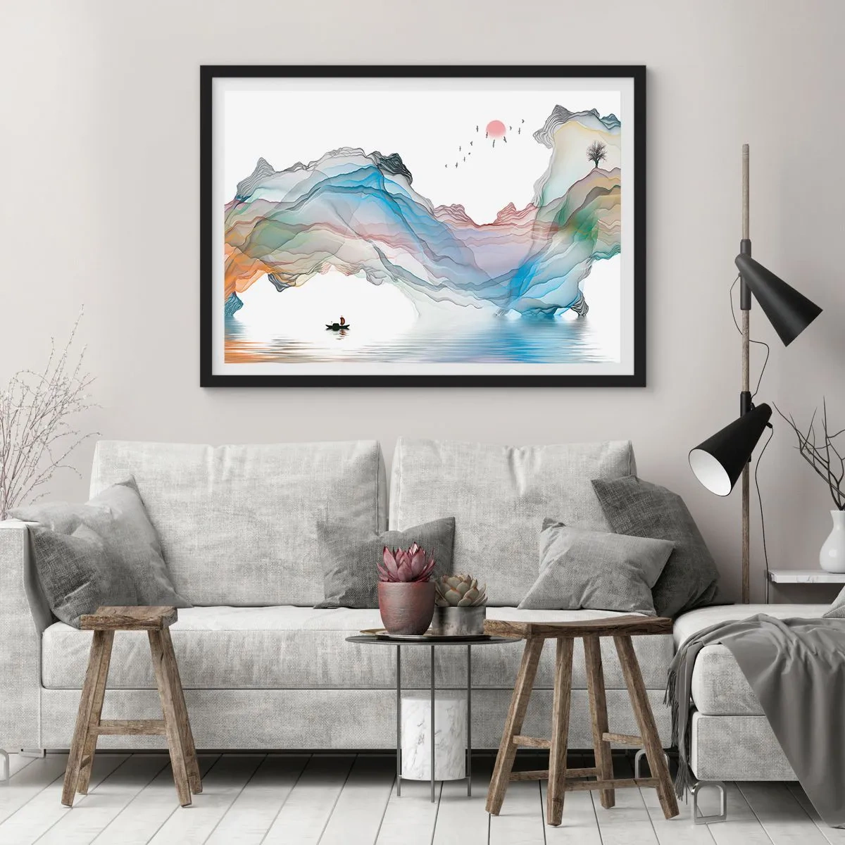 Poster in einem schwarzem Rahmen - Eine subtile Landschaft mit Bergen, Wasser und einem Boot - 70x50cm - Zu den Kristallbergen - Moderne Wanddekoration für Wohnzimmer und Schlafzimmer ARTTOR