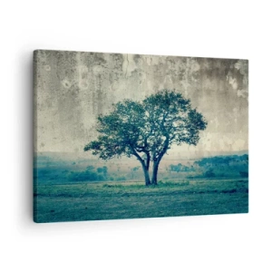 Bild auf Leinwand - Leinwandbild - Ein einsamer Baum vor einer nebligen Landschaft - 70x50cm - Ein Apfelbaum auf blauem Feld? - Moderne Wanddekoration für Wohnzimmer und Schlafzimmer ARTTOR