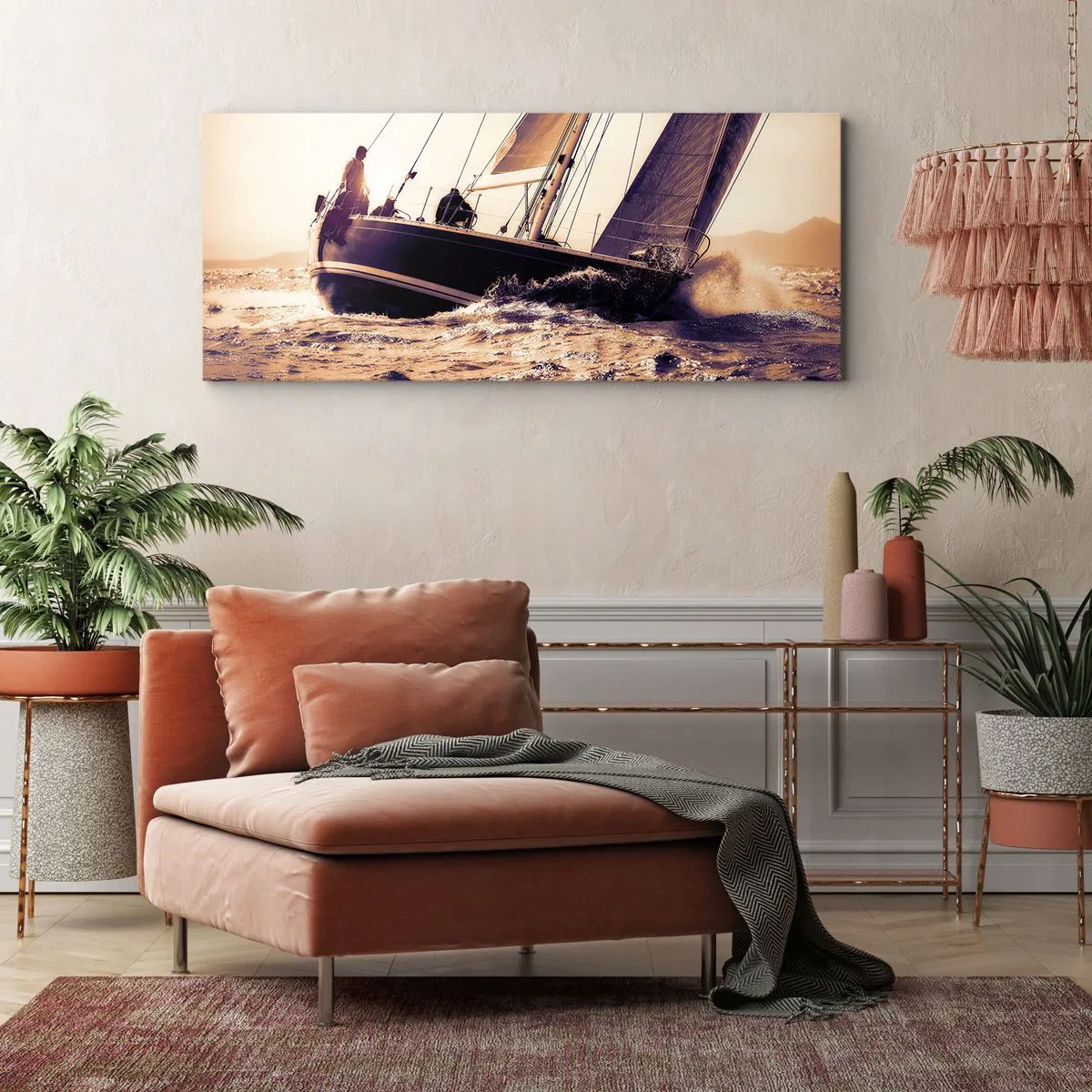 Bild auf Leinwand - Leinwandbild - Eine Yacht auf stürmischer See im Licht der untergehenden Sonne - 140x50cm - Segle, Seemann - Moderne Wanddekoration für Wohnzimmer und Schlafzimmer ARTTOR