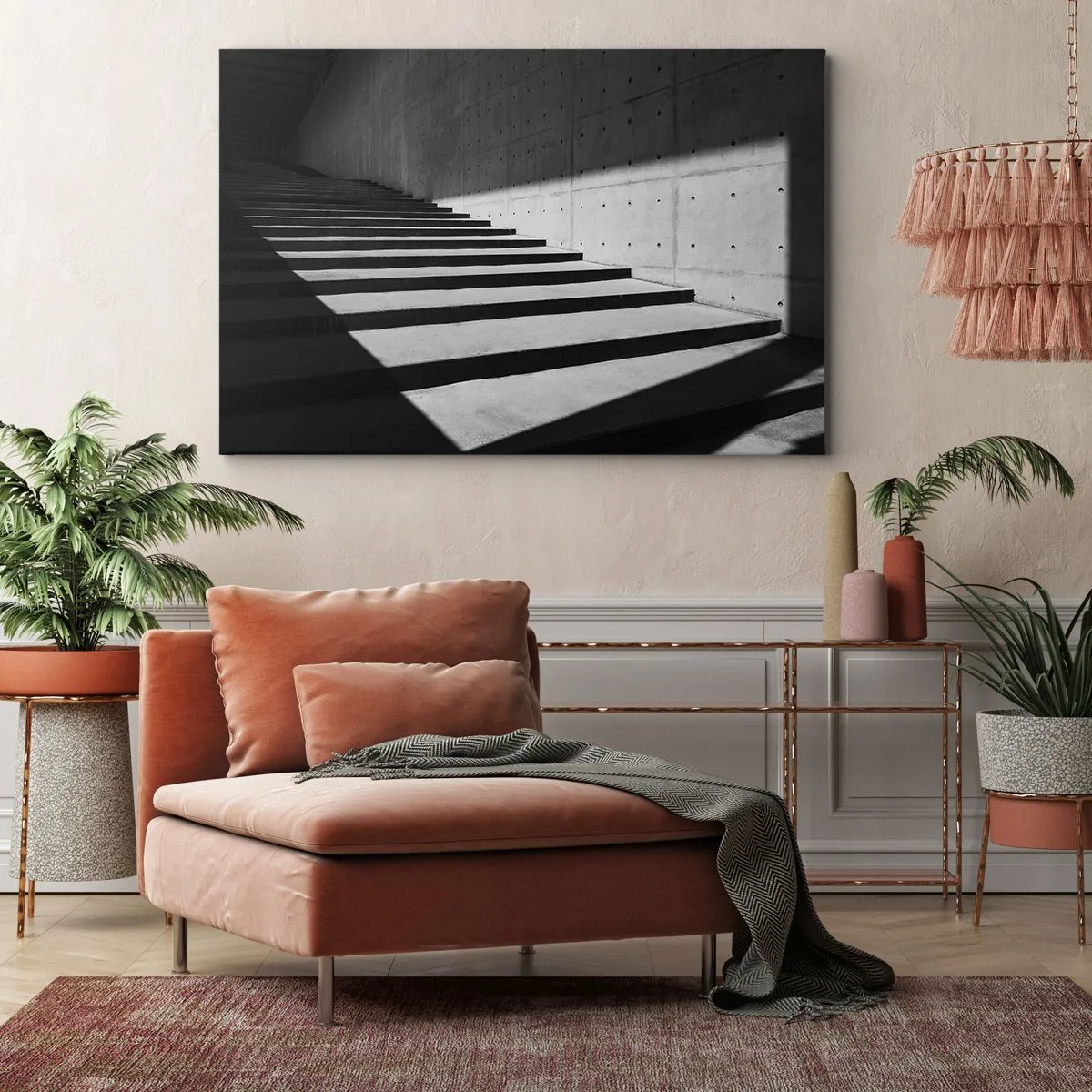 Bild auf Leinwand - Leinwandbild - Treppe im minimalistischen Stil in Schwarz und Weiß - 100x70cm - Rohe Schönheit des Modernismus - Moderne Wanddekoration für Wohnzimmer und Schlafzimmer ARTTOR