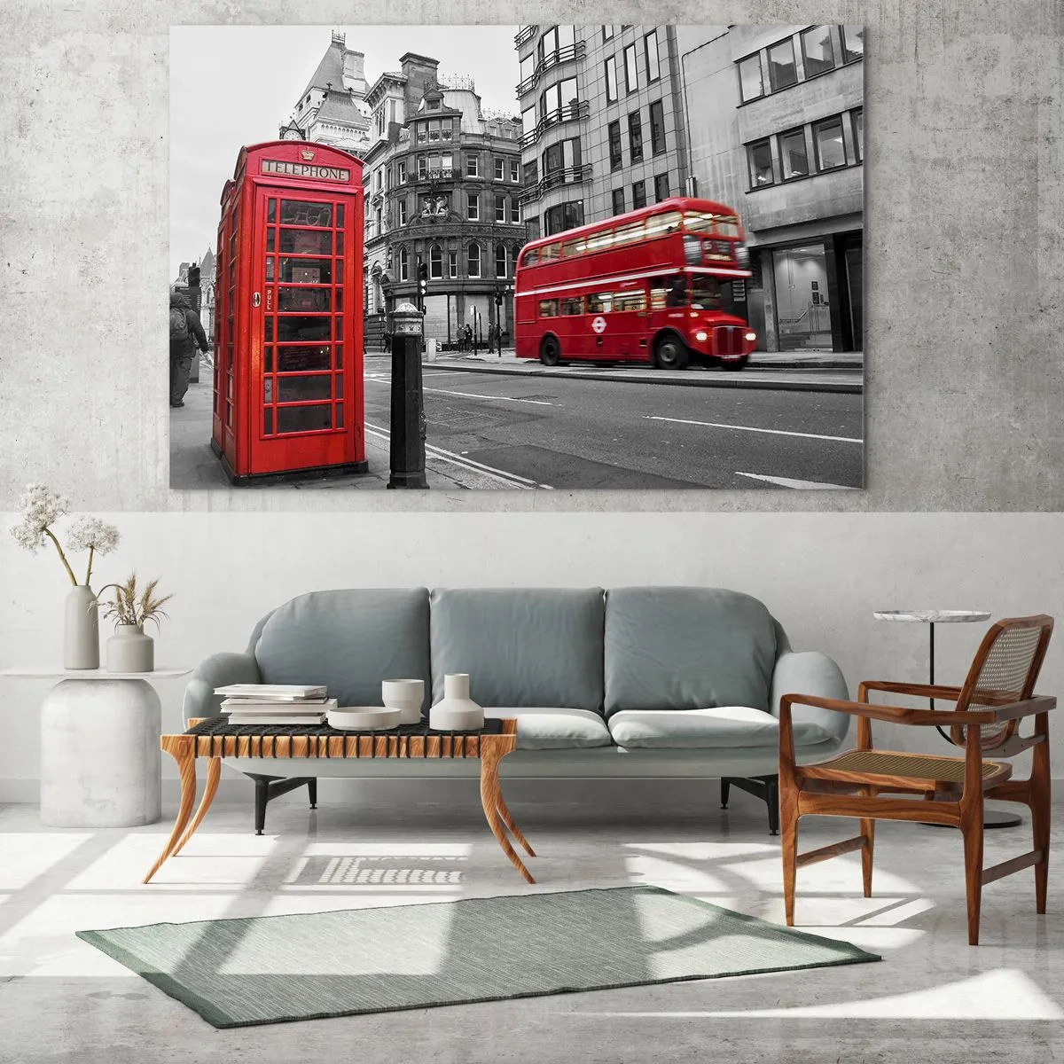 Glasbild - Bild auf glas - Rote Telefonzelle und Bus in London - 70x50cm - Das Rotste in Europa - Moderne Wanddekoration für Wohnzimmer und Schlafzimmer ARTTOR