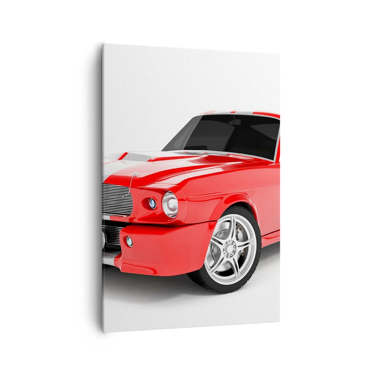 Bild auf Leinwand - Leinwandbild - Roter Sportwagen mit weißen Streifen - 70x100cm - Ein Mustang so schnell wie der Wind - Moderne Wanddekoration für Wohnzimmer und Schlafzimmer ARTTOR