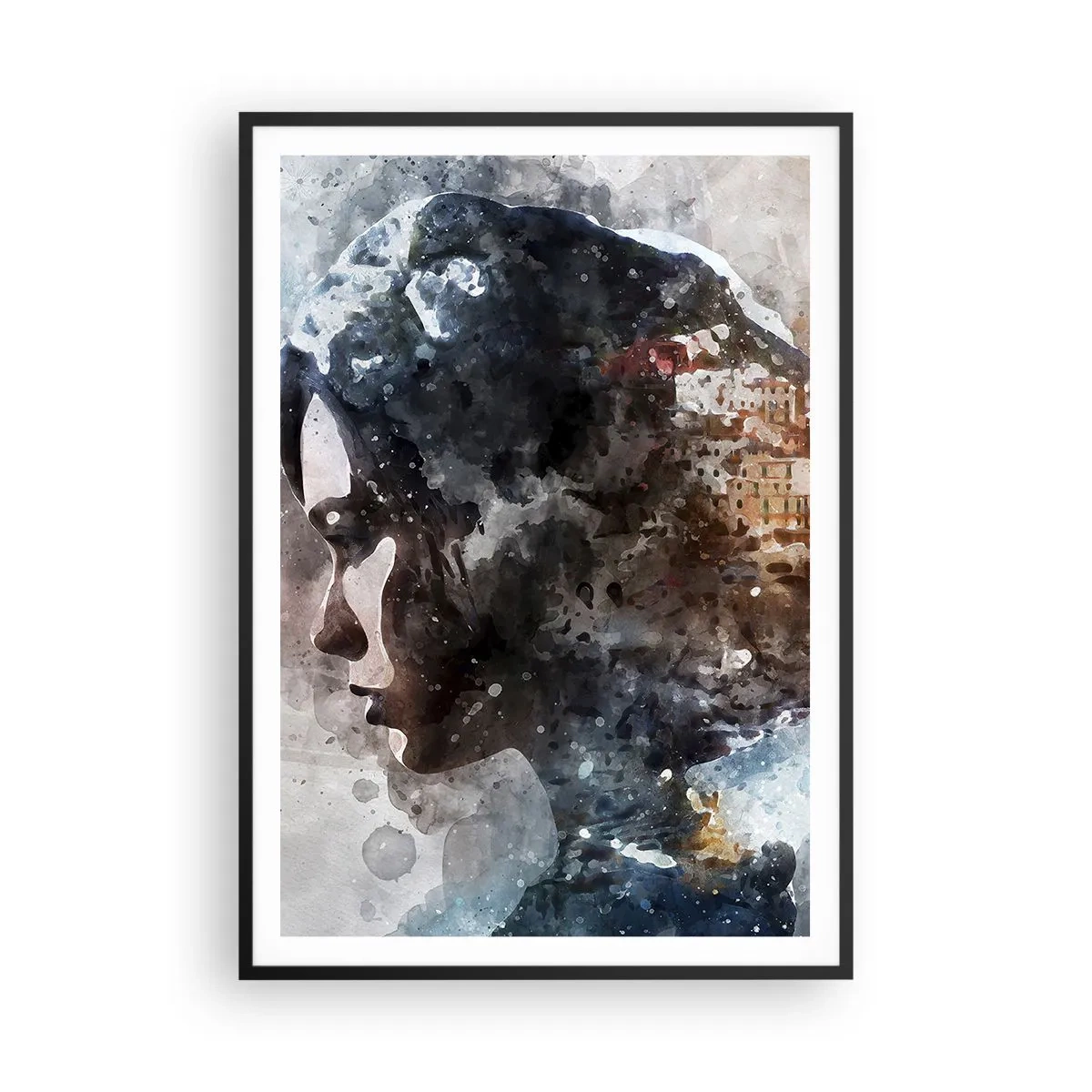 Poster in einem schwarzem Rahmen - Eine Geschichte über ein Mädchen mit einer Stadt im Hintergrund - 70x100 cm