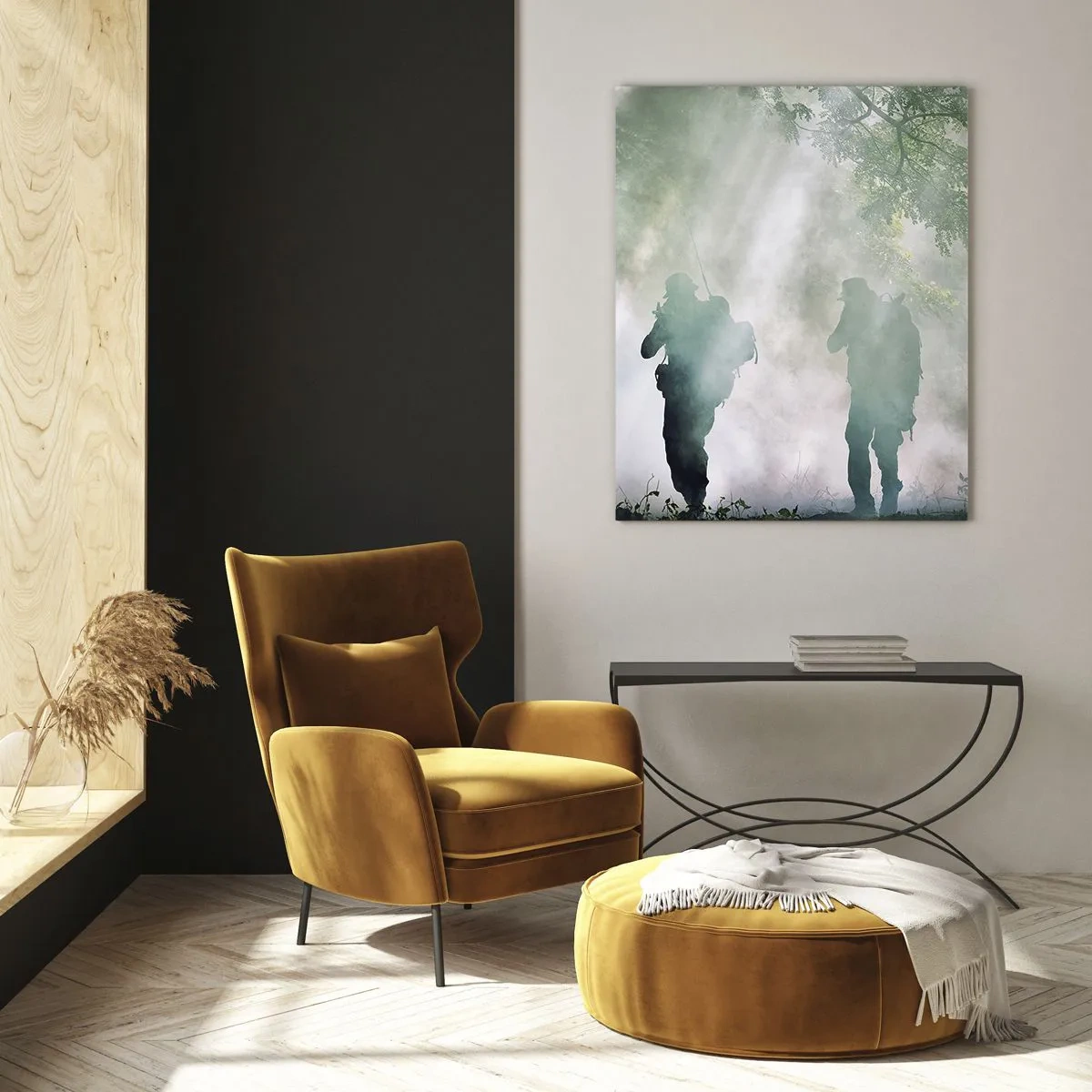 Glasbild - Bild auf glas - Eine Gruppe von Soldaten in Rauch, die in höchster Alarmbereitschaft durch den Wald gehen - 50x70cm - Einer für alle… - Moderne Wanddekoration für Wohnzimmer und Schlafzimmer ARTTOR