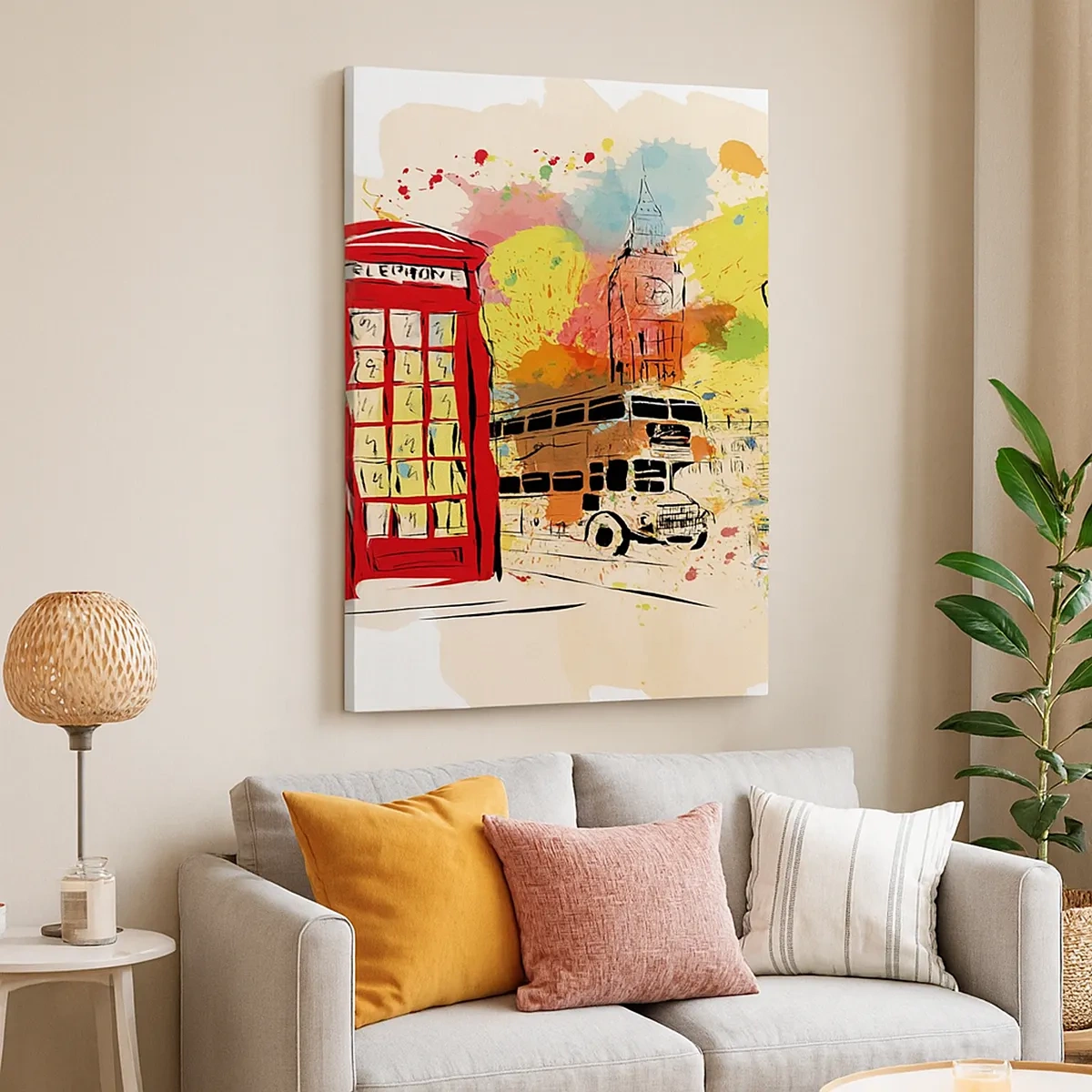 Bild auf Leinwand - Leinwandbild - London-Thema mit rotem Bus und Stand - 50x70cm - Die Stadt der Vielfalt - Moderne Wanddekoration für Wohnzimmer und Schlafzimmer ARTTOR