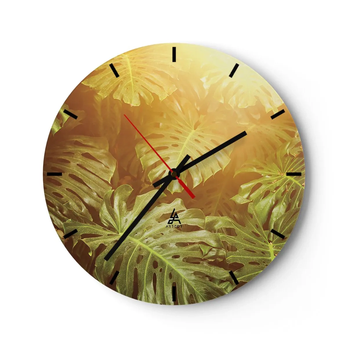Wanduhr - Glasuhr - Monstera-Blätter im Licht der untergehenden Sonne - 30x30cm - Ins Grüne tretren... - Moderne Wanddekoration für Wohnzimmer, Küche und Schlafzimmer ARTTOR