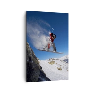 Bild auf Leinwand - Leinwandbild - Ein Snowboarder springt von einem Felsen vor einer Berglandschaft - 80x120cm - Und du wurdest Teil des Raums - Moderne Wanddekoration für Wohnzimmer und Schlafzimmer ARTTOR