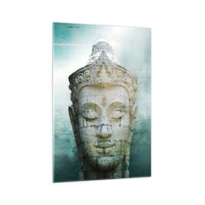 Glasbild - Bild auf glas - Buddha-Statue mit sanftem Nebel vor grünem Hintergrund - 70x100cm - Auf der Suche nach dem Licht - Moderne Wanddekoration für Wohnzimmer und Schlafzimmer ARTTOR
