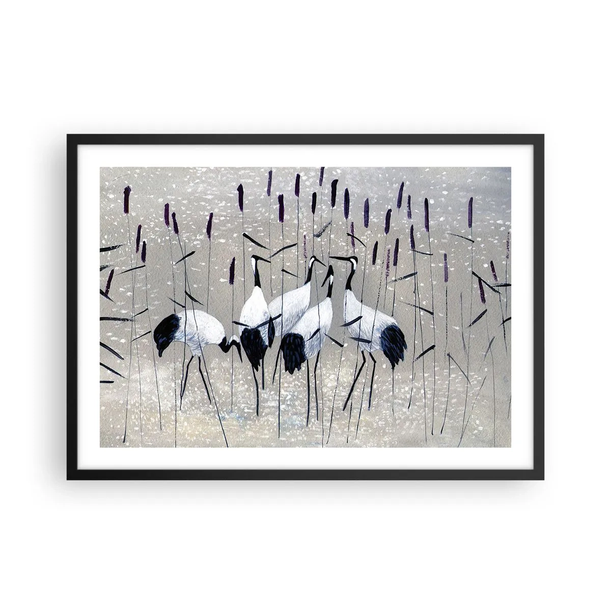Poster in einem schwarzem Rahmen - Reiher im Gras vor einem friedlichen Hintergrund - 70x50cm - Unter ihren eigenen - Moderne Wanddekoration für Wohnzimmer und Schlafzimmer ARTTOR