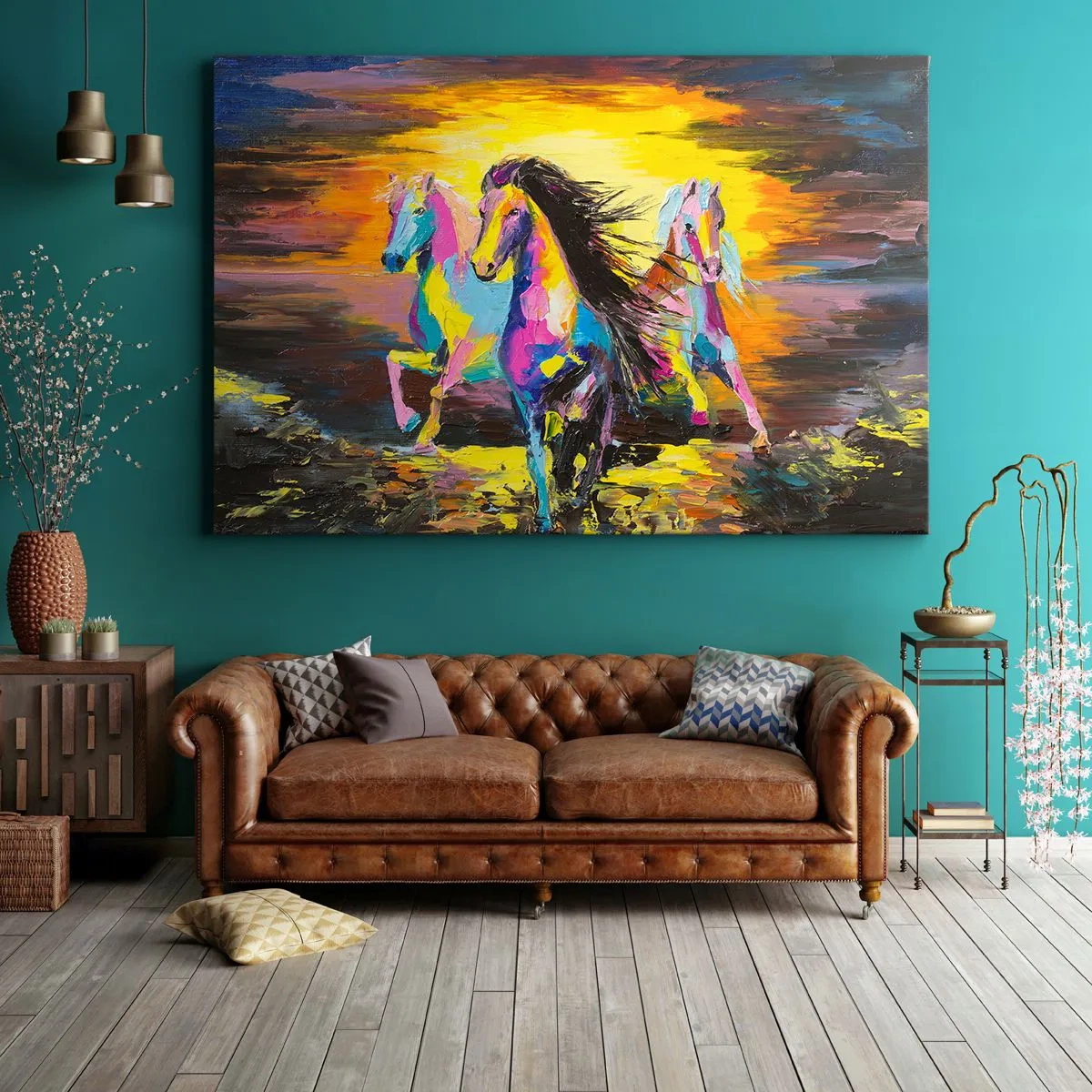 Bild auf Leinwand - Leinwandbild - Bunte Pferde galoppieren vor dem Hintergrund der untergehenden Sonne - 70x50cm - Eingetaucht in den Regenbogen - Moderne Wanddekoration für Wohnzimmer und Schlafzimmer ARTTOR