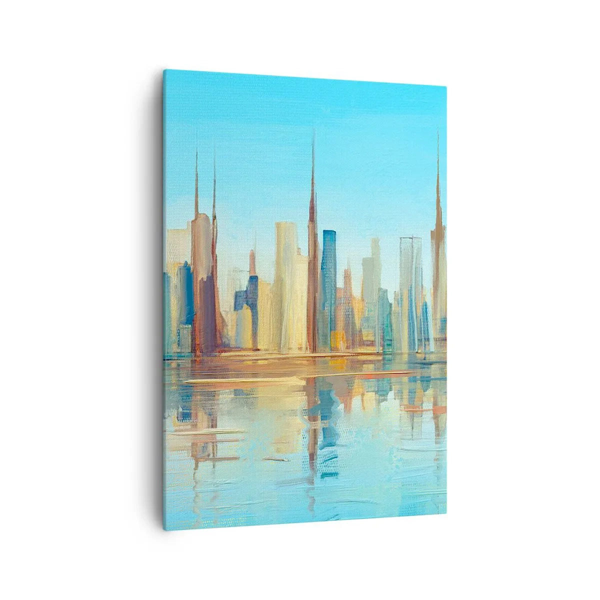 Bild auf Leinwand - Leinwandbild - Ein Panorama der Stadt in warmen Farben mit Spiegelung im Wasser - 70x100cm - Sonnige Metropole - Moderne Wanddekoration für Wohnzimmer und Schlafzimmer ARTTOR