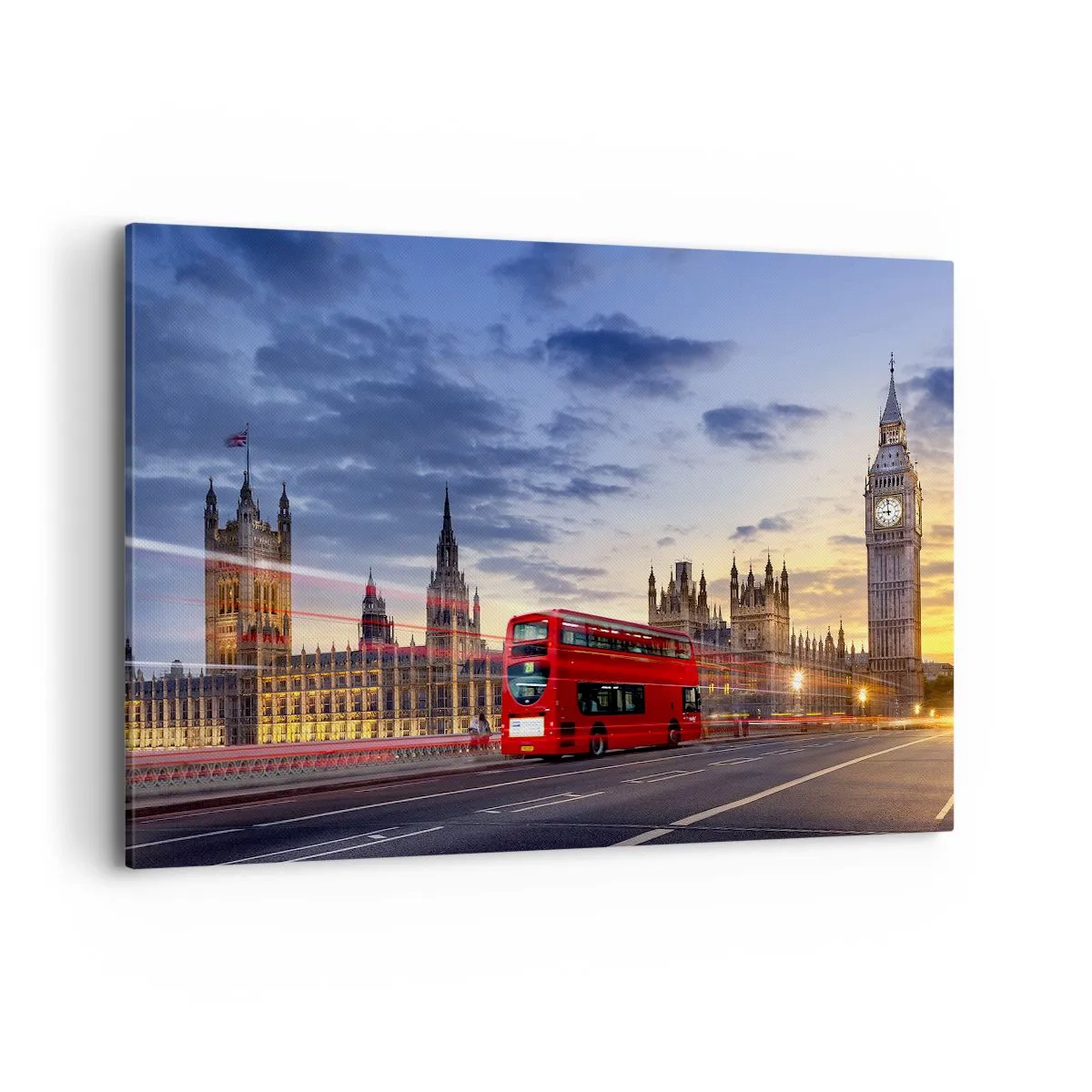 Bild auf Leinwand - Leinwandbild - Ein roter Bus mit Big Ben und den Houses of Parliament im Hintergrund in der Abenddämmerung. - 120x80cm - Spezielle Charaktere - Moderne Wanddekoration für Wohnzimmer und Schlafzimmer ARTTOR