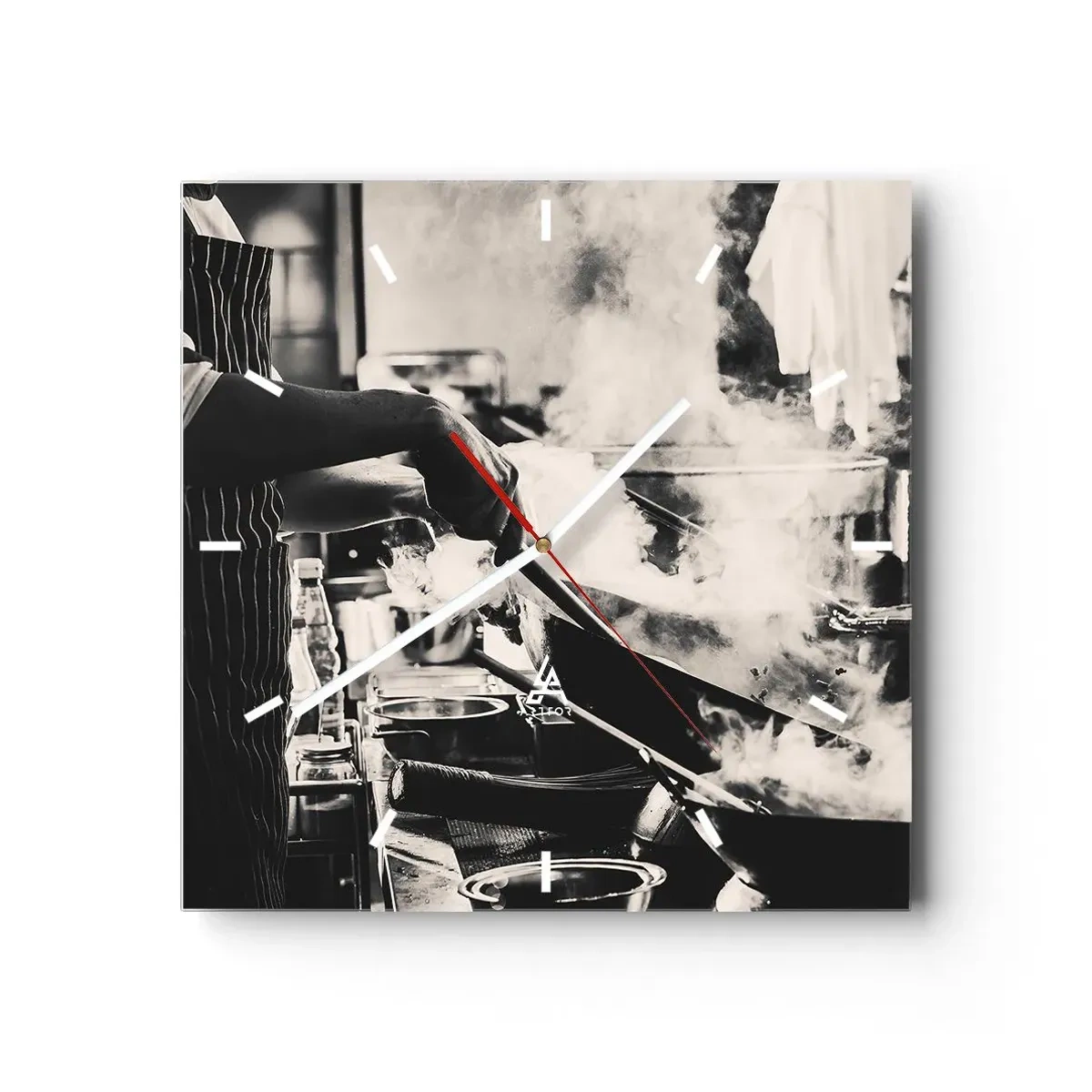 Wanduhr - Glasuhr - Ein Koch bei der Arbeit in der Küche, aus einer Bratpfanne steigt Dampf auf - 30x30cm - Alchemie der Aromen - Moderne Wanddekoration für Wohnzimmer und Schlafzimmer ARTTOR