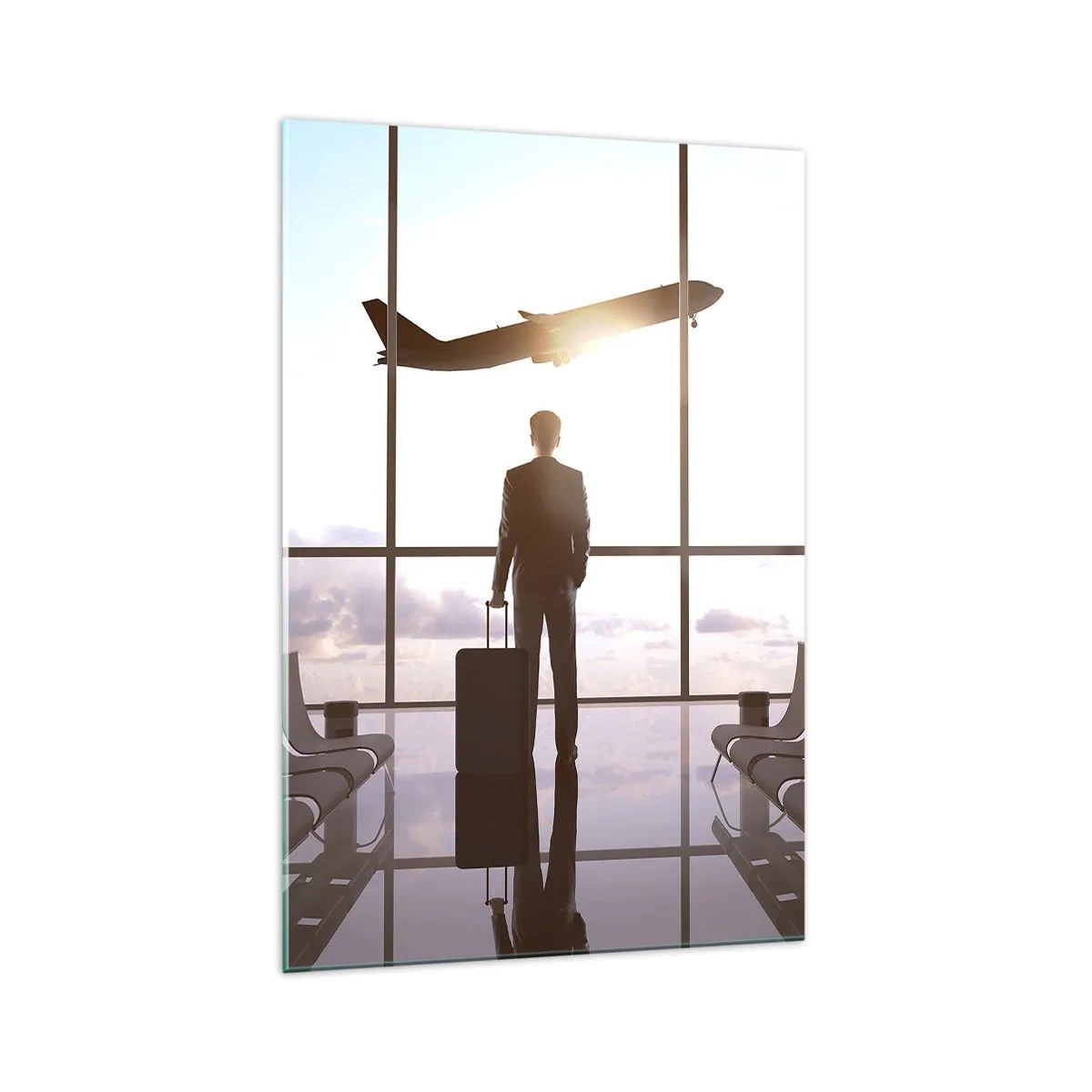 Glasbild - Bild auf glas - Geschäftsmann am Flughafen mit einem Flugzeug im Hintergrund - 70x100cm - Du hast Zeit, lass dir Zeit - Moderne Wanddekoration für Wohnzimmer und Schlafzimmer ARTTOR