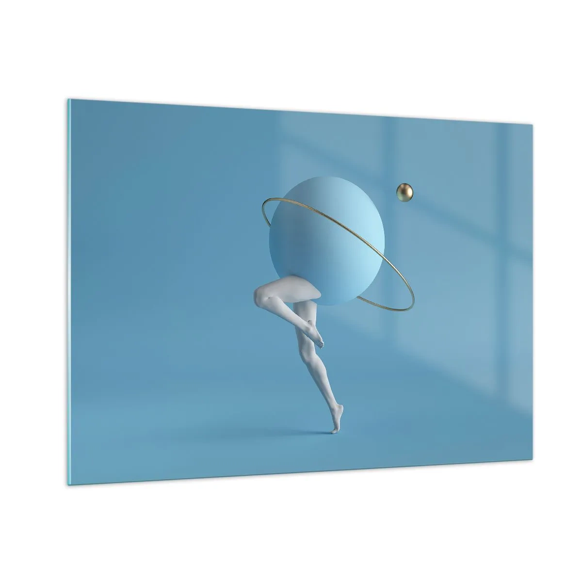 Glasbild - Bild auf glas - Eine minimalistische Komposition eines Planeten mit menschlichen Beinen auf Blau. - 100x70cm - Und die Planeten spielen verrückt - Moderne Wanddekoration für Wohnzimmer und Schlafzimmer ARTTOR