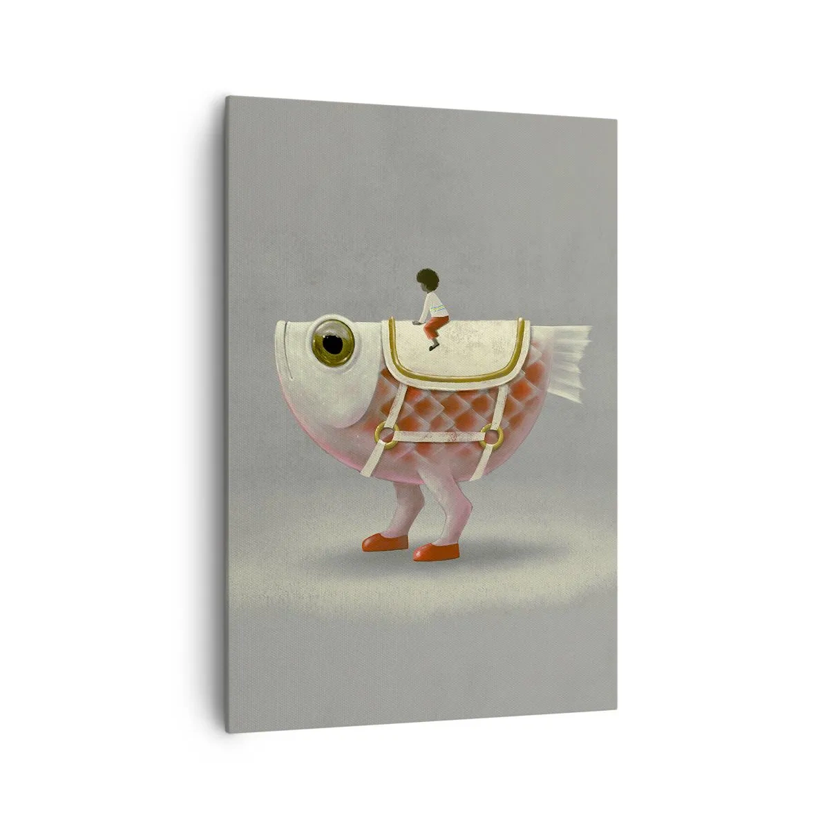 Bild auf Leinwand - Leinwandbild - Ein schicker Fischreiter mit Beinen und Sattel - 70x100cm - Reiter auf einem surrealen Fisch - Moderne Wanddekoration für Wohnzimmer und Schlafzimmer ARTTOR