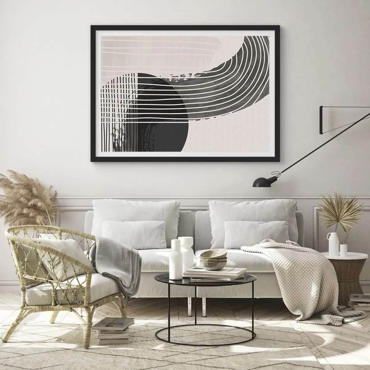 Poster in einem schwarzem Rahmen - Abstraktes Muster mit Linien und geometrischen Formen - 70x50cm - Hin und zurück - Moderne Wanddekoration für Wohnzimmer und Schlafzimmer ARTTOR