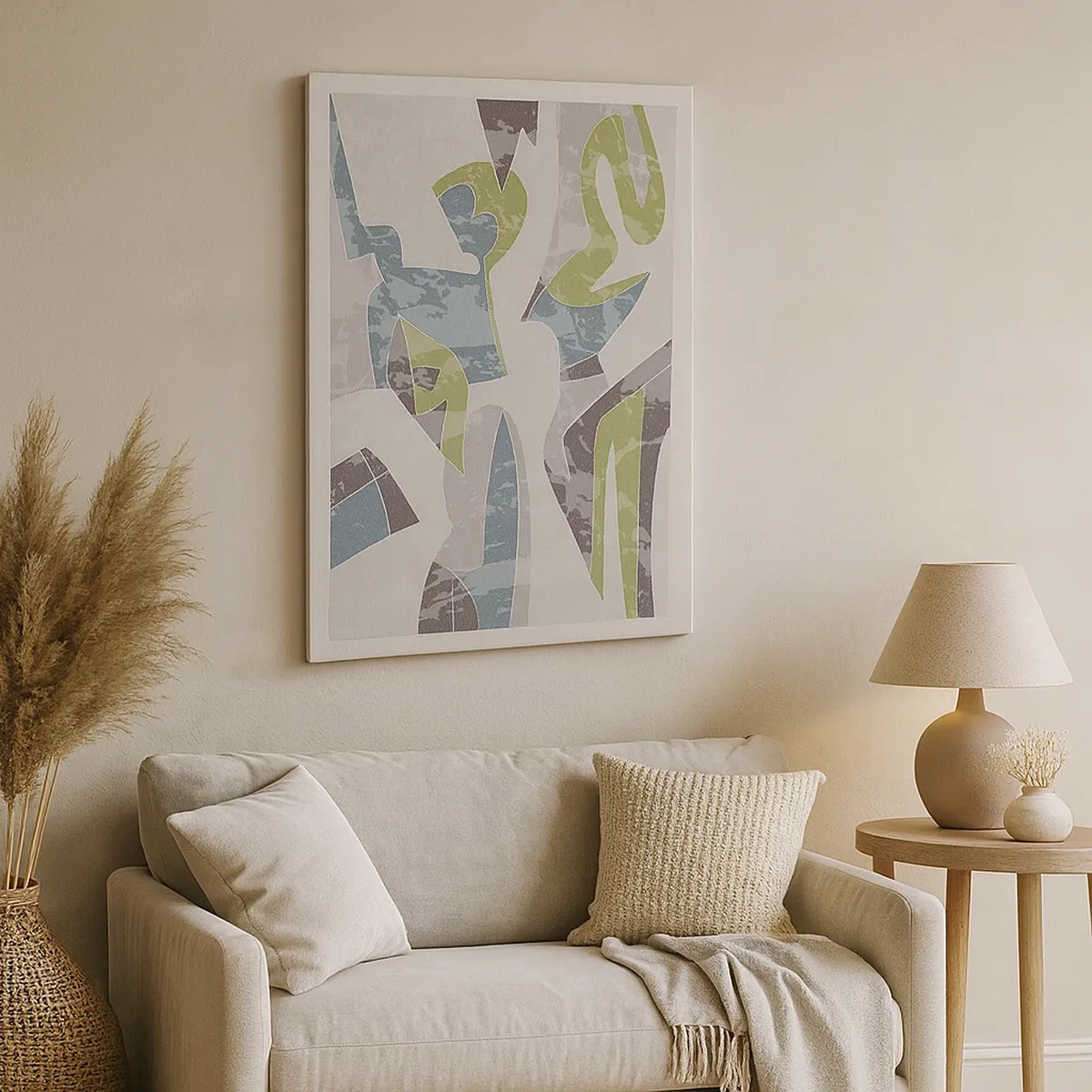 Bild auf Leinwand - Leinwandbild - Abstrakte Formen in Grün und Blau auf hellem Hintergrund - 50x70cm - Komposition hinter dem Glas - Moderne Wanddekoration für Wohnzimmer und Schlafzimmer ARTTOR