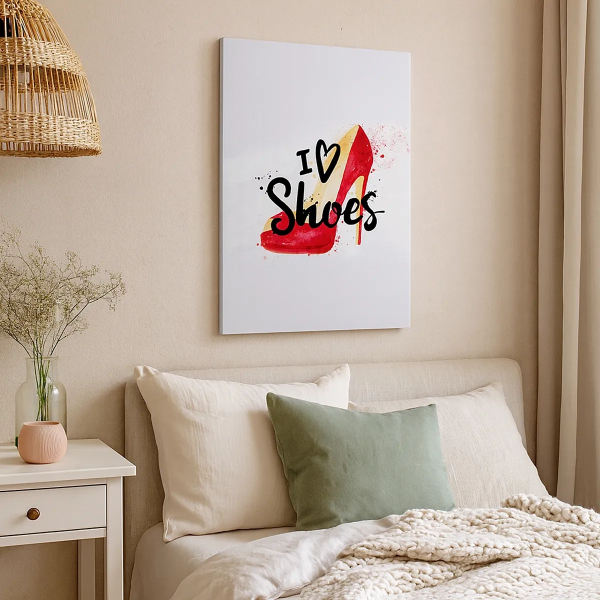 Bild auf Leinwand - Leinwandbild - Roter Stiletto mit der Aufschrift „I love Shoes“ auf weißem Hintergrund - 50x70cm - Liebe hat viele Namen - Moderne Wanddekoration für Wohnzimmer und Schlafzimmer ARTTOR