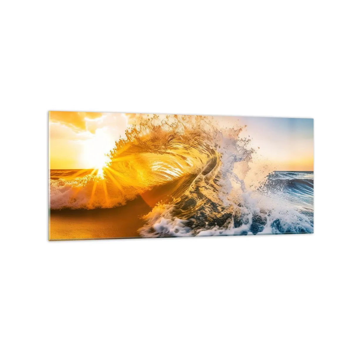 Glasbild - Bild auf glas - Eine goldene Welle vor dem Hintergrund der untergehenden Sonne - 120x50cm - Spaß im Sand - Moderne Wanddekoration für Wohnzimmer und Schlafzimmer ARTTOR