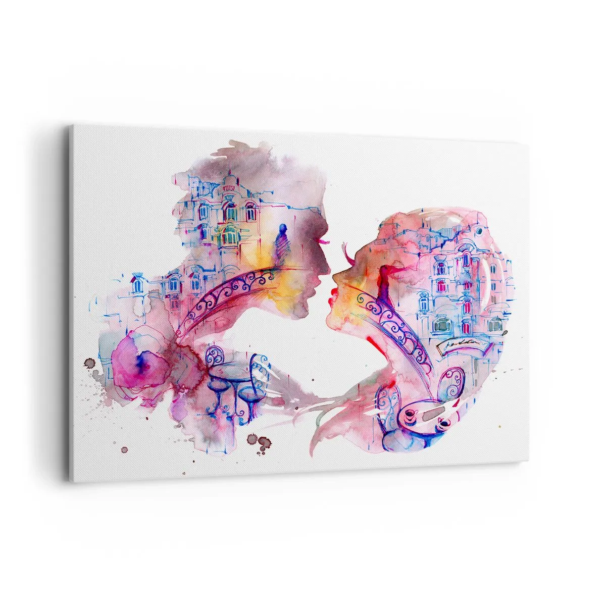 Bild auf Leinwand - Leinwandbild - Ein romantisches Aquarell, das die Silhouetten von Liebenden darstellt - 100x70cm - Die geheime Seufzerbrücke - Moderne Wanddekoration für Wohnzimmer und Schlafzimmer ARTTOR