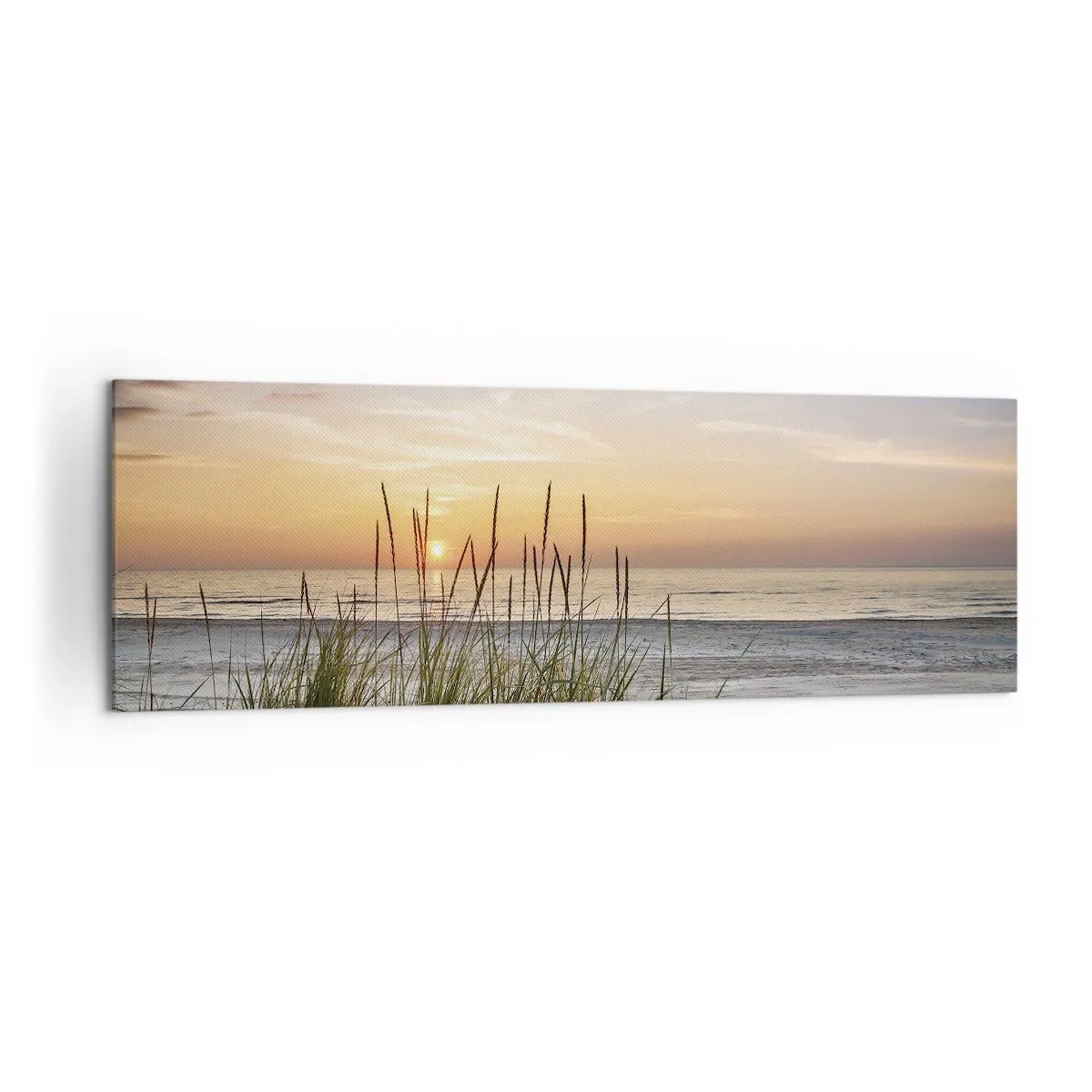 Bild auf Leinwand - Leinwandbild - Ein Sandstrand bei Sonnenuntergang mit Gras im Hintergrund - 160x50cm - Schau, denk, fühl - Moderne Wanddekoration für Wohnzimmer und Schlafzimmer ARTTOR