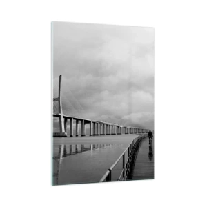 Glasbild - Bild auf glas - Eine Brücke in einer monochromen Landschaft mit einem Radfahrer - 50x70cm - Jedem das Verdiente - Moderne Wanddekoration für Wohnzimmer und Schlafzimmer ARTTOR