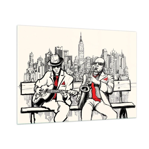 Glasbild - Bild auf glas - Zwei Jazzmusiker spielen vor der Kulisse der Skyline der Stadt - 100x70cm - New Yorker Improvisation - Moderne Wanddekoration für Wohnzimmer und Schlafzimmer ARTTOR