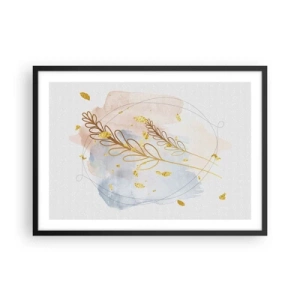 Poster in einem schwarzem Rahmen - Ein zartes goldenes Blattmotiv auf pastellfarbenem Hintergrund mit Aquarelldetails. - 70x50cm - Goldenr Hauch - Moderne Wanddekoration für Wohnzimmer und Schlafzimmer ARTTOR
