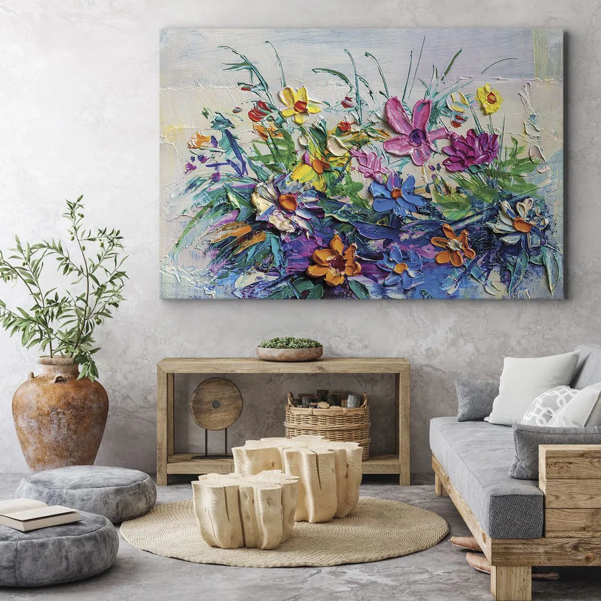 Bild auf Leinwand - Leinwandbild - Ein bunter Blumenstrauß, gemalt in der Impasto-Technik - 100x70cm - Überhaupt kein Stillleben - Moderne Wanddekoration für Wohnzimmer und Schlafzimmer ARTTOR