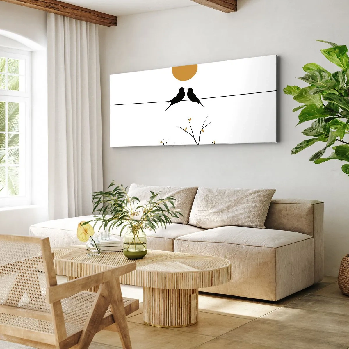 Bild auf Leinwand - Leinwandbild - Vögel auf einer Linie mit einer gelben Sonne - 120x50cm - Abend der Nachtigallen - Moderne Wanddekoration für Wohnzimmer und Schlafzimmer ARTTOR