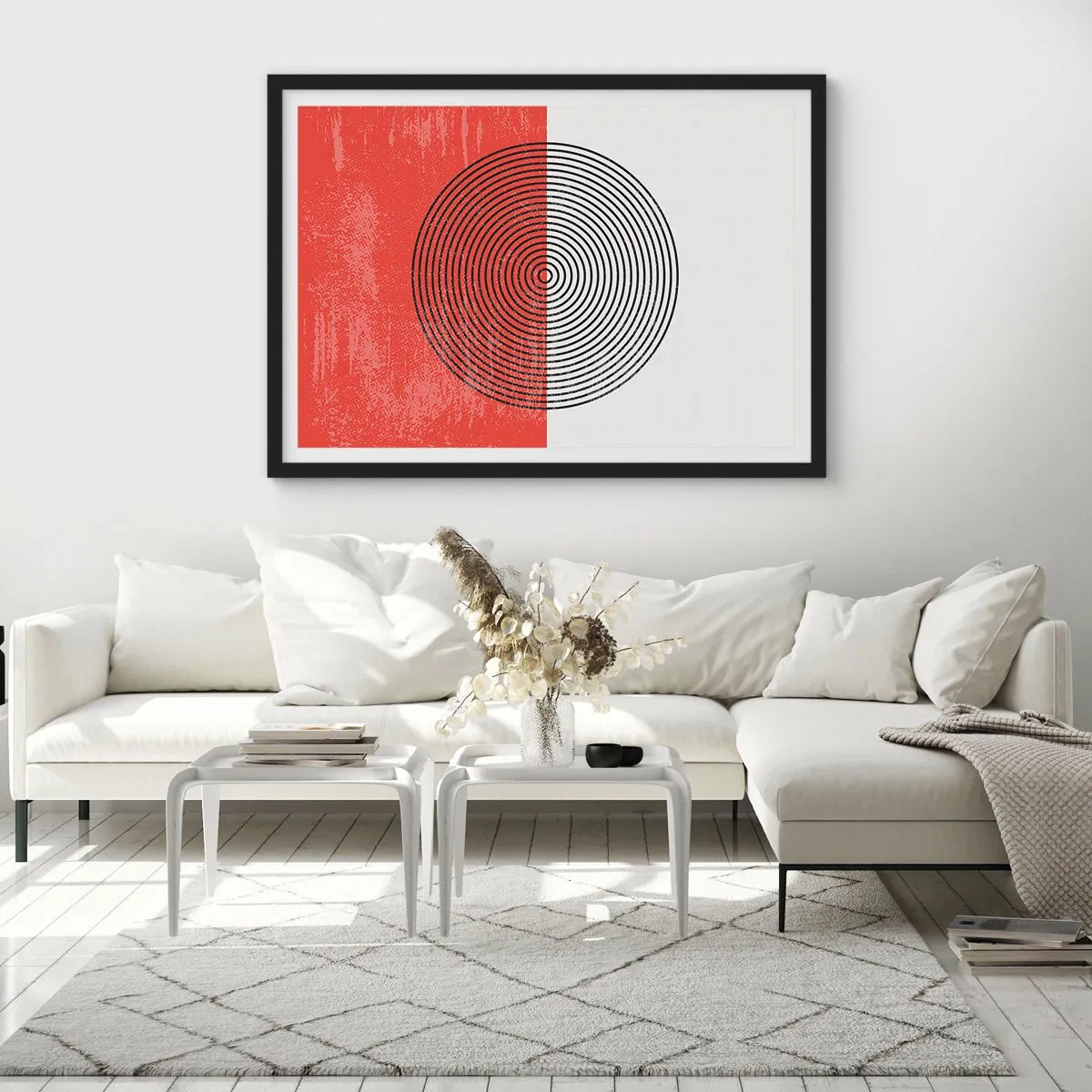 Poster in einem schwarzem Rahmen - Geometrisches Muster mit konzentrischen Kreisen auf rot-weißem Hintergrund - 70x50cm - Auf den Punkt gebracht - Moderne Wanddekoration für Wohnzimmer und Schlafzimmer ARTTOR