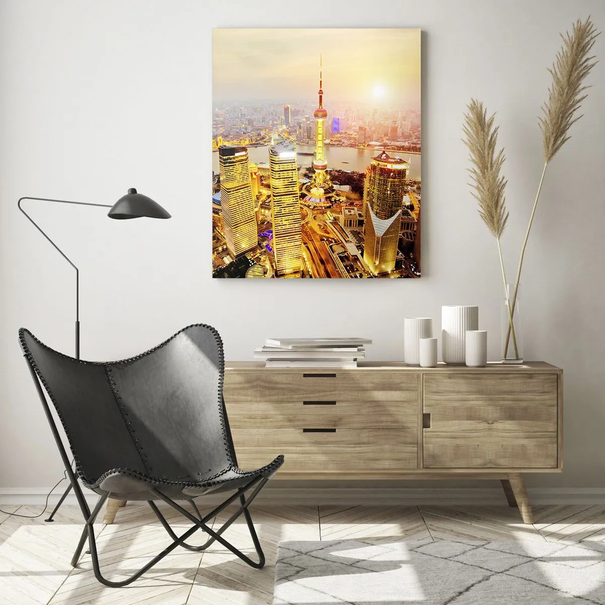 Glasbild - Bild auf glas - Stadtpanorama mit Wolkenkratzern bei Sonnenuntergang - 80x120cm - Asiatischer Traum - Moderne Wanddekoration für Wohnzimmer und Schlafzimmer ARTTOR